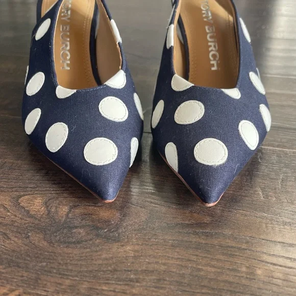 NEW TORY BURCH Navy Blue White Polka Dot Kitten Heel Sling Back Shoes Size 7